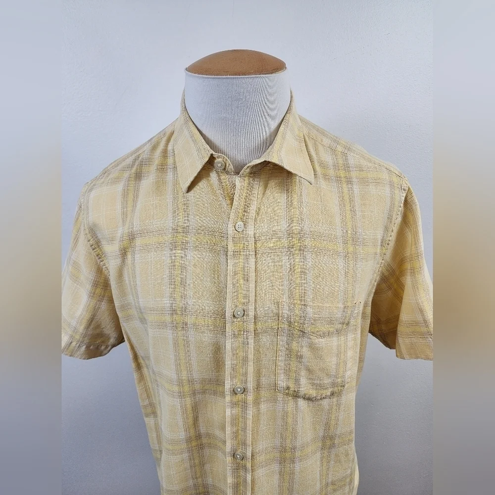 Banana Republic Button Down Shirt Yellow Plaid Short Sleeve Linen Size 16-16.5